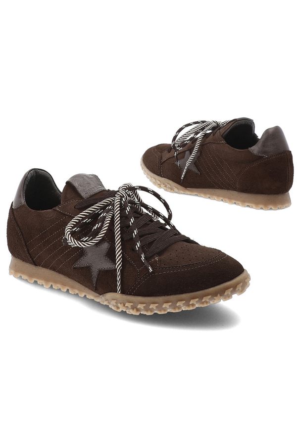 CheBello - Sneakersy damskie Chebello, na płaskiej podeszwie skórzane sznurowane i z okrągłym noskiem, brązowe, 4862. Okazja: na co dzień. Nosek buta: okrągły. Kolor: brązowy. Materiał: skóra. Obcas: na płaskiej podeszwie