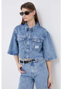 Calvin Klein Jeans koszula jeansowa damska kolor niebieski relaxed z kołnierzykiem klasycznym. Typ kołnierza: kołnierzyk klasyczny. Kolor: niebieski. Materiał: bawełna, denim. Długość rękawa: krótki rękaw. Długość: krótkie. Styl: klasyczny #3