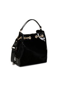 Kazar - Duża torebka typu worek z zamszu i skóry lakierowanej. Kolor: czarny. Wzór: aplikacja. Dodatki: z breloczkiem. Materiał: zamszowe, lakierowane, skórzane. Rozmiar: duże #4