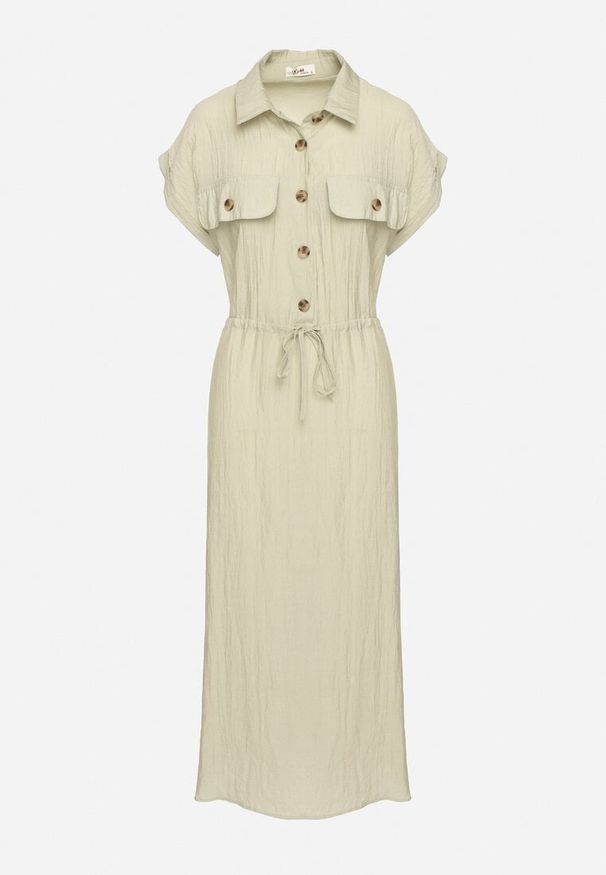 Born2be - Jasnozielona Wiskozowa Rozkloszowana Sukienka z Gumką w Talii Ozdobiona Guzikami Lemvia. Okazja: na spotkanie biznesowe. Kolor: zielony. Materiał: wiskoza. Wzór: aplikacja. Sezon: lato. Typ sukienki: rozkloszowane, sportowe. Styl: elegancki, klasyczny, biznesowy, sportowy