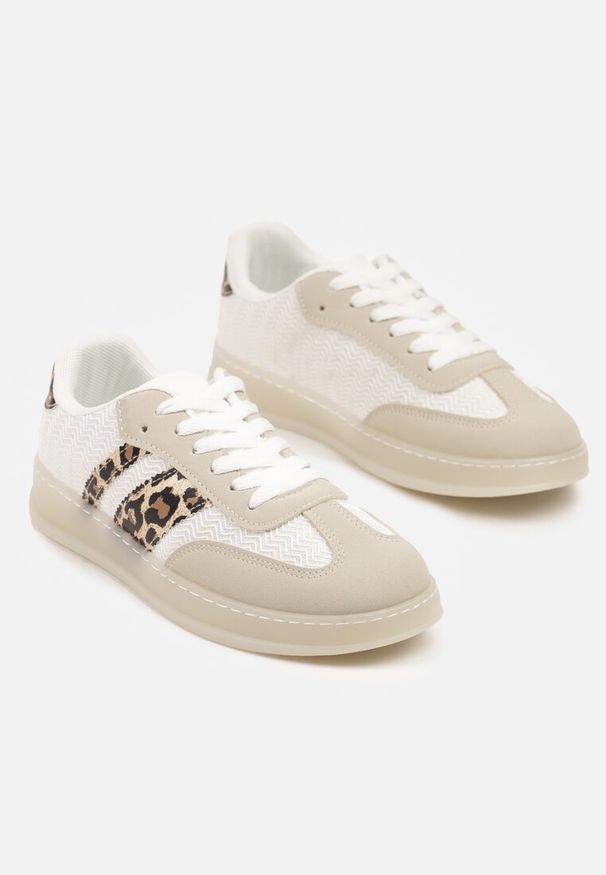Renee - Beżowo-Panterkowe Klasyczne Sneakersy Tenisówki na Półprzezroczystej Podeszwie Niniel. Kolor: beżowy. Materiał: jeans