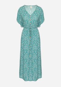 Born2be - Zielona Bawełniana Sukienka z Gumką w Talii w Drobne Kwiatki Nulinea. Okazja: na co dzień. Typ kołnierza: dekolt w serek. Kolor: zielony. Materiał: bawełna. Wzór: kwiaty. Typ sukienki: rozkloszowane. Styl: elegancki, casual, klasyczny #5