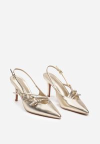 Born2be - Złote Sandały z Ekoskóry na Szpilce z Odkrytą Piętą i Regulowanymi Paskami Ellada. Zapięcie: pasek. Kolor: złoty. Materiał: koronka. Sezon: lato. Obcas: na szpilce #2