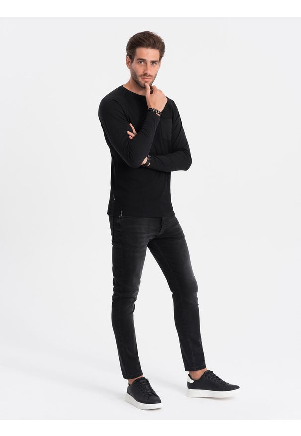 Ombre Clothing - Longsleeve męski o strukturze "wafla" - czarny V4. Okazja: na co dzień. Kolor: czarny. Materiał: bawełna. Długość rękawa: długi rękaw. Styl: klasyczny, sportowy, casual