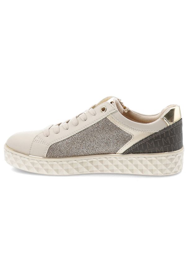 Sneakersy damskie Marco Tozzi, na płaskiej podeszwie z eko skóry z okrągłym noskiem i na zamek, kremowe, 2-23709-41. Okazja: na co dzień. Nosek buta: okrągły. Zapięcie: zamek. Kolor: beżowy. Materiał: skóra. Szerokość cholewki: normalna. Wzór: geometria. Obcas: na płaskiej podeszwie