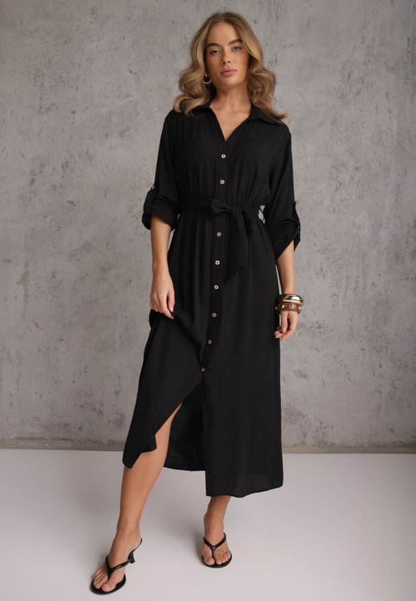 Renee - Czarna Koszulowa Sukienka z Bawełny z Wiązanym Paskiem i Podpinanymi Rękawami Cesela. Okazja: na co dzień. Kolor: czarny. Materiał: bawełna. Typ sukienki: koszulowe. Styl: boho, casual