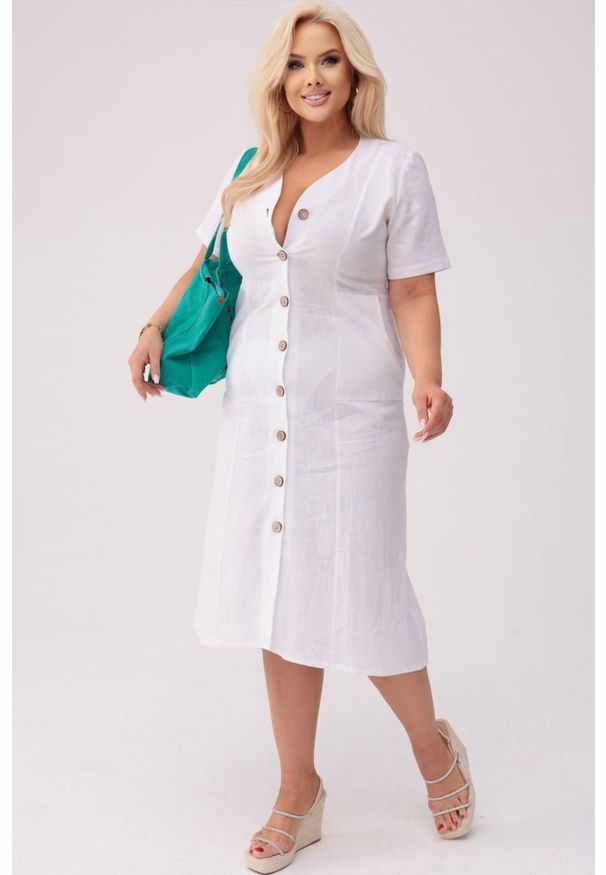 Moda Size Plus Iwanek - Sukienka Savannah - Len w odcieniu bieli PLUS SIZE OVERSIZE XXL. Kolekcja: plus size. Materiał: len. Sezon: lato. Typ sukienki: oversize, dla puszystych. Styl: klasyczny, elegancki