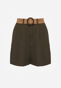 Renee - Zielone Szorty Casual z Wiskozą High Waist Ozdobione Paskiem z Plecionki Kailee. Okazja: na co dzień. Stan: podwyższony. Kolor: zielony. Materiał: wiskoza. Wzór: aplikacja. Styl: casual #6