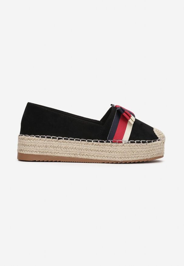 Born2be - Czarne Espadryle z Kokardką na Platformie z Plecionki Elisavia. Kolor: czarny. Obcas: na platformie. Styl: elegancki