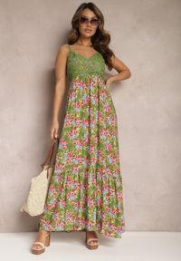 Renee - Ciemnozielona Rozkloszowana Sukienka Maxi z Wiskozy w Kwiatowy Print na Ramiączkach Roisintia. Kolor: zielony. Materiał: wiskoza. Długość rękawa: na ramiączkach. Wzór: kwiaty, nadruk. Długość: maxi #3