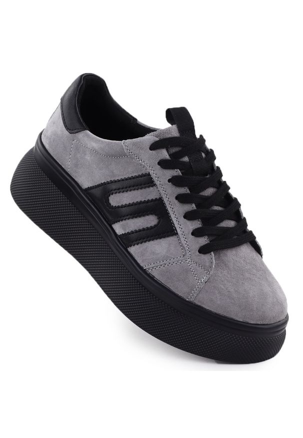 Skórzane półbuty damskie sneakersy na grubej podeszwie szare Filippo DP7175. Okazja: na co dzień. Kolor: szary. Materiał: skóra. Obcas: na platformie. Styl: casual, sportowy