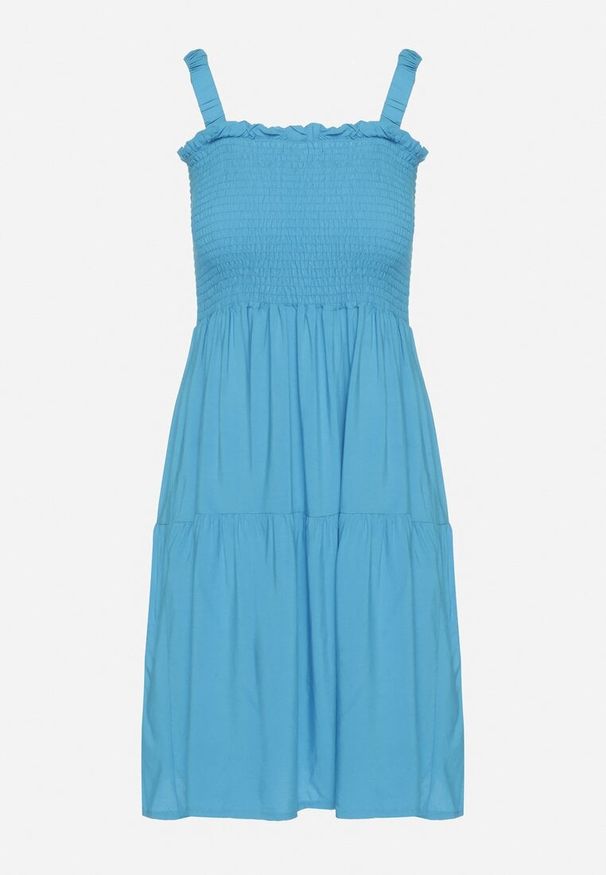 Born2be - Niebieska Sukienka na Ramiączkach z Gumką w Talii i Falbankami Tiamaree. Okazja: na co dzień. Typ kołnierza: kołnierz z falbankami. Kolor: niebieski. Długość rękawa: na ramiączkach. Sezon: lato. Typ sukienki: proste. Styl: casual, elegancki