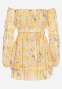 Born2be - Żółta Wiskozowa Sukienka Hiszpanka z Falbanami i Paskiem w Kwiaty Virmoi. Okazja: na spacer, na co dzień. Typ kołnierza: dekolt hiszpanka. Kolor: żółty. Materiał: wiskoza. Wzór: kwiaty. Typ sukienki: proste. Styl: casual #4