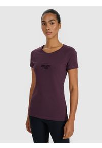 4f - 4F T-shirt slim z nadrukiem damski - fioletowy L. Okazja: na co dzień. Kolor: fioletowy. Materiał: bawełna, jersey, materiał, elastan. Długość rękawa: raglanowy rękaw. Wzór: nadruk. Styl: sportowy, klasyczny, casual