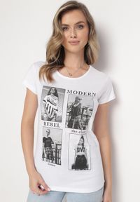 Born2be - Biały Bawełniany T-shirt z Nadrukiem i Brokatem Kruita. Kolor: biały. Materiał: bawełna. Długość rękawa: krótki rękaw. Długość: krótkie. Wzór: nadruk #4