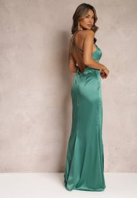 Renee - Zielona Maxi Sukienka z Satynowego Materiału na Cienkich Ramiączkach Annila. Kolekcja: dla wysokich. Kolor: zielony. Materiał: materiał, satyna. Długość rękawa: na ramiączkach. Styl: elegancki. Długość: maxi