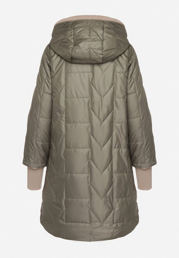 Born2be - Zielona Pikowana Kurtka z Kapturem i Przedłużonym Tyłem Tulara. Okazja: na co dzień. Typ kołnierza: kaptur. Kolor: zielony. Materiał: jeans. Wzór: aplikacja. Styl: casual, elegancki