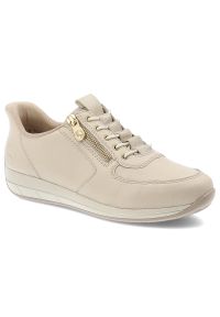 Beżowe Sneakersy Rieker Modne Obuwie Damskie. Okazja: na co dzień. Kolor: beżowy. Materiał: skóra. Styl: elegancki, casual
