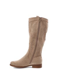 Beżowe Kozaki S.Barski Eleganckie Obuwie Damskie. Okazja: na co dzień. Kolor: beżowy. Materiał: zamsz, jeans, materiał. Wzór: ażurowy, aplikacja. Sezon: zima, jesień. Obcas: na obcasie. Styl: elegancki. Wysokość obcasa: niski #7
