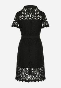 Born2be - Czarna Ażurowa Sukienka Koszulowa Midi z Wiązanym Paskiem Pamy. Kolor: czarny. Materiał: koronka, materiał. Długość rękawa: krótki rękaw. Wzór: ażurowy. Typ sukienki: koszulowe. Styl: klasyczny. Długość: midi #2