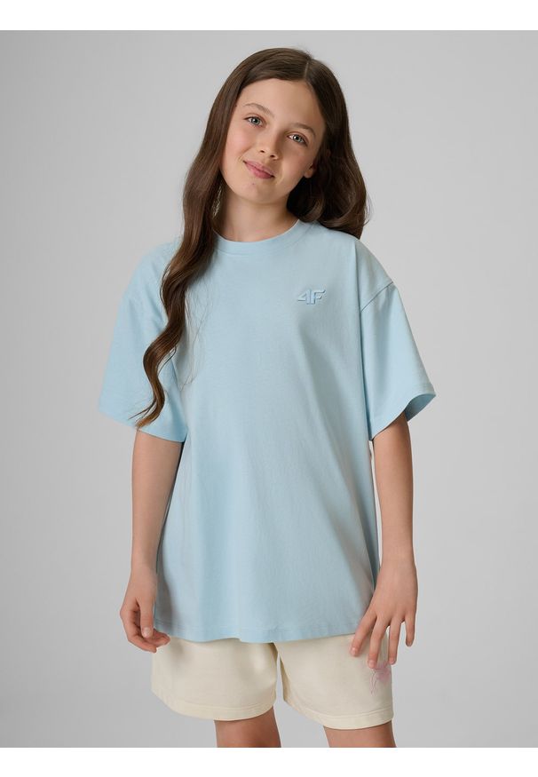 4f - 4F T-shirt loose gładki dziewczęcy - niebieski 134/140 (8-10 lat). Okazja: na uczelnię, na co dzień, na spacer. Kolor: niebieski. Materiał: dresówka, dzianina. Wzór: gładki. Sezon: lato. Styl: klasyczny, casual