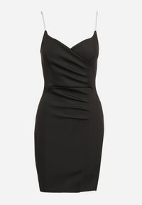 Born2be - Czarna Dopasowana Sukienka z Marszczeniem i Cyrkoniowymi Ramiączkami Nalindraen. Kolor: czarny. Długość rękawa: na ramiączkach. Wzór: aplikacja. Typ sukienki: dopasowane. Styl: wizytowy #2