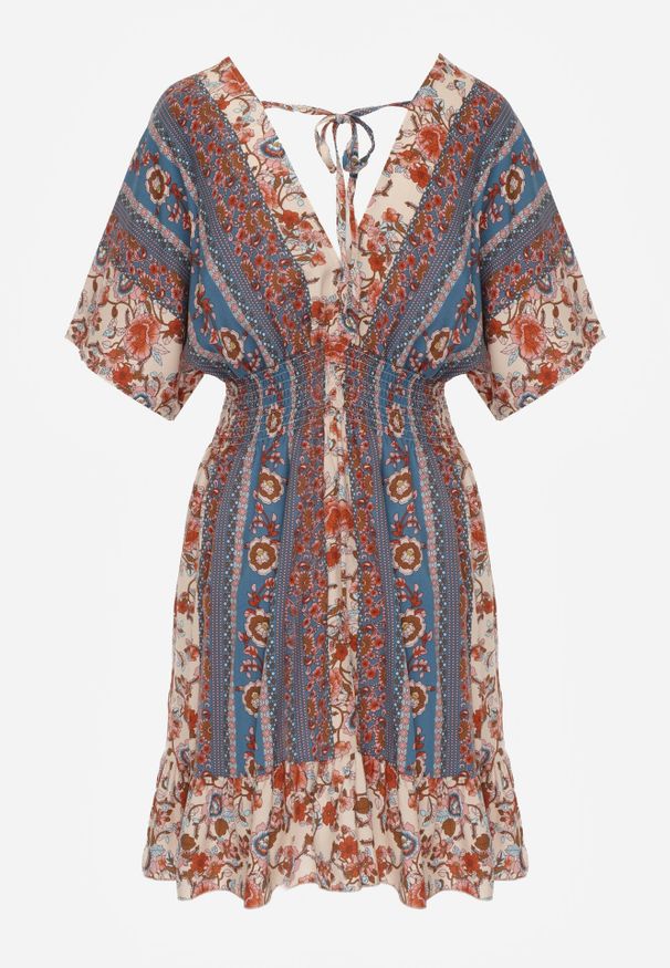 Born2be - Beżowo-Granatowa Sukienka Mini z Wiskozy z Gumkami w Talii z Falbanką Hypalina. Kolor: beżowy. Materiał: wiskoza. Długość: mini