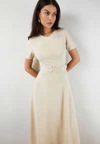 Born2be - Beżowa Rozkloszowana Sukienka Ozdobiona Paskiem Desianna. Okazja: na co dzień. Kolor: beżowy. Wzór: aplikacja. Styl: casual, klasyczny, elegancki #5