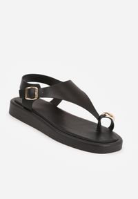 Renee - Czarne Płaskie Sandały Typu Japonki z Paskiem na Palec Daeimeia. Okazja: na co dzień. Zapięcie: pasek. Kolor: czarny. Materiał: len. Sezon: lato. Styl: casual #4