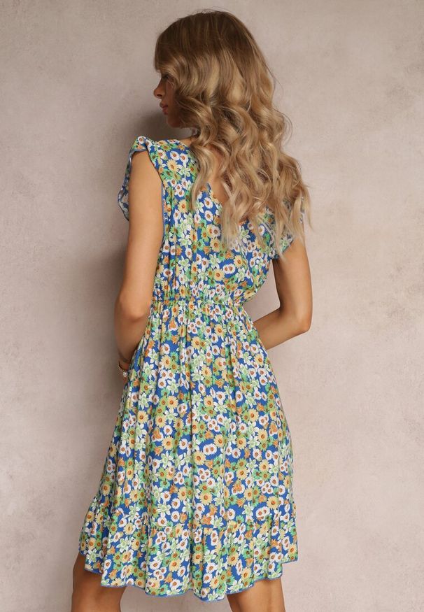 Renee - Zielono-Granatowa Bawełniana Sukienka Mini z Gumką w Talii w Kwiaty Ariellia. Typ kołnierza: kołnierz z falbankami. Kolor: zielony. Materiał: bawełna. Wzór: kwiaty. Sezon: wiosna, lato. Długość: mini