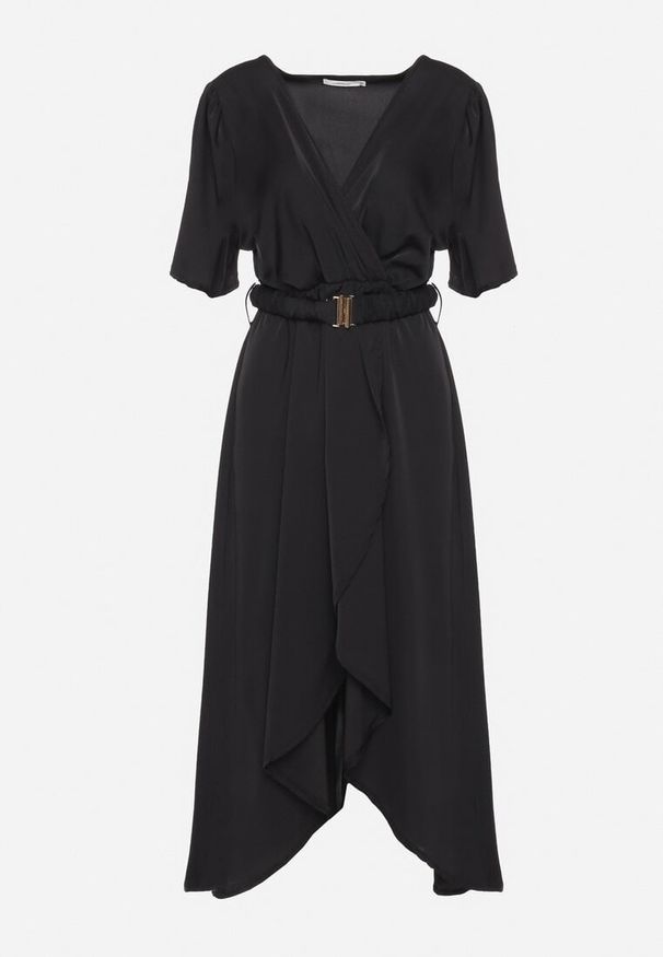 Born2be - Czarna Rozkloszowana Sukienka Kopertowa z Gumką w Talii i Ozdobnym Paskiem Vasena. Kolor: czarny. Typ sukienki: kopertowe. Styl: elegancki