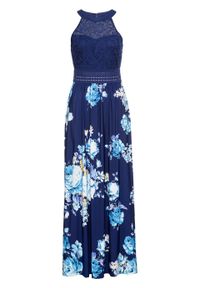 Długa sukienka z kwiatowym nadrukiem i koronką bonprix ciemnoniebiesko-lila-jasnoróżowy. Kolor: niebieski. Materiał: koronka. Wzór: nadruk, kwiaty, koronka. Długość: maxi #1