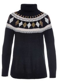 Sweter z dzianiny z wełną, w norweski wzór z cekinami bonprix czarno-kremowy. Kolor: czarny. Materiał: materiał, wełna, akryl. Wzór: aplikacja. Styl: klasyczny #1