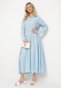 Born2be - Niebieska Wiskozowa Sukienka Ozdobiona Paskiem i Guzikami Ronitte. Okazja: na co dzień. Kolor: niebieski. Materiał: wiskoza. Wzór: aplikacja. Sezon: wiosna, lato. Styl: casual, elegancki, klasyczny #7