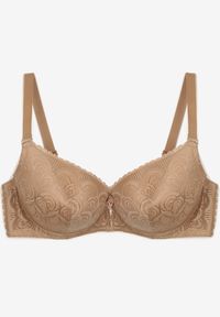Renee - Beżowy Biustonosz Full Cup z Koronki Ozdobiony Cyrkoniową Zawieszką Eanessa. Kolor: beżowy. Materiał: koronka. Wzór: aplikacja, koronka
