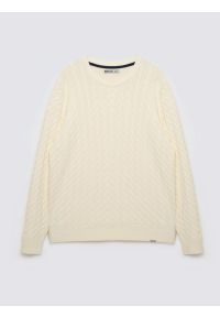 Big-Star - Sweter męski ze splotem warkoczowym i haftem kremowy Niser100. Kolor: biały. Materiał: bawełna. Wzór: ze splotem, haft. Styl: elegancki, klasyczny #1