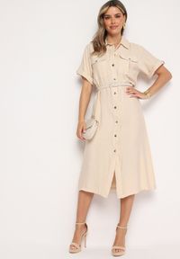 Born2be - Beżowa Wiskozowa Sukienka o Koszulowym Kroju z Paskiem Nelavyn. Okazja: na co dzień, do pracy. Kolor: beżowy. Materiał: wiskoza. Długość rękawa: krótki rękaw. Typ sukienki: koszulowe. Styl: casual, elegancki #3