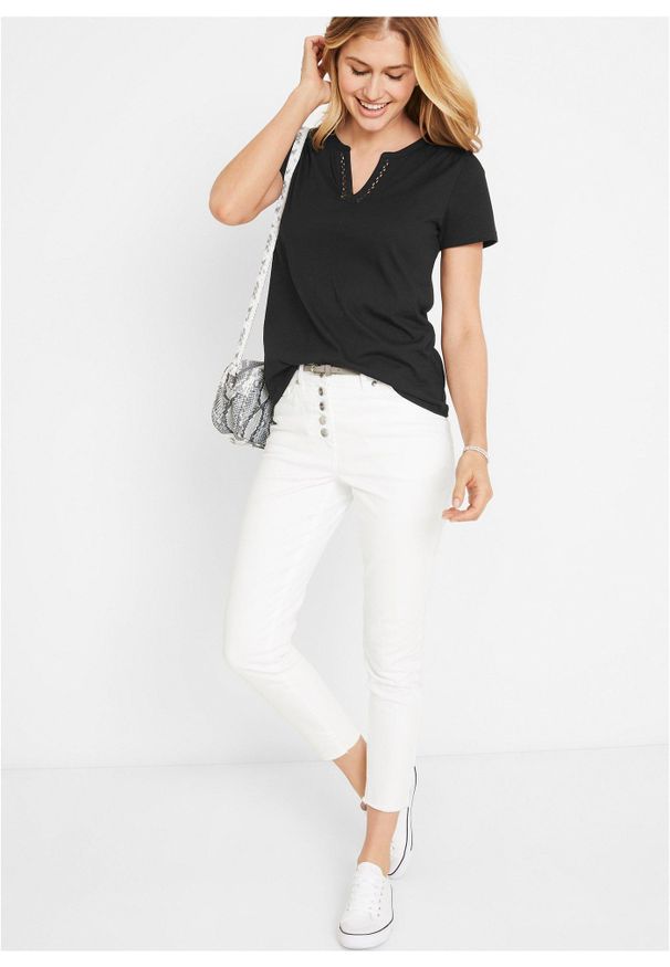 bonprix - T-shirt z dekoracyjnym dekoltem. Kolor: czarny. Materiał: bawełna