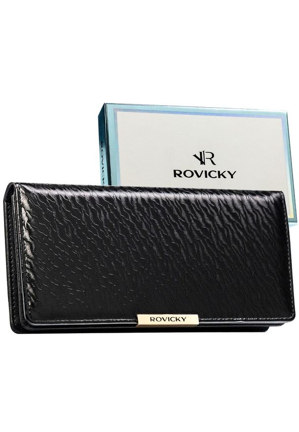 ROVICKY - Duży portfel damski ze skóry ekologicznej w czarnym kolorze zamykany na zatrzask - Rovicky. Kolor: czarny. Materiał: skóra ekologiczna