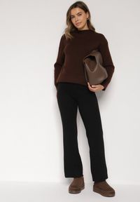 Born2be - Czarne Prążkowane Spodnie z Wełną o Szerokim Kroju z Wysokim Stanem Reinnia. Okazja: na co dzień. Stan: podwyższony. Kolor: czarny. Materiał: prążkowany, wełna. Styl: casual #2