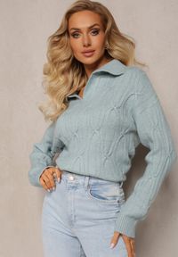 Renee - Miętowy Sweter z Dekoltem w Serek i Ozdobnym Splotem Travissa. Typ kołnierza: dekolt w serek. Kolor: miętowy. Wzór: ze splotem. Styl: elegancki #2