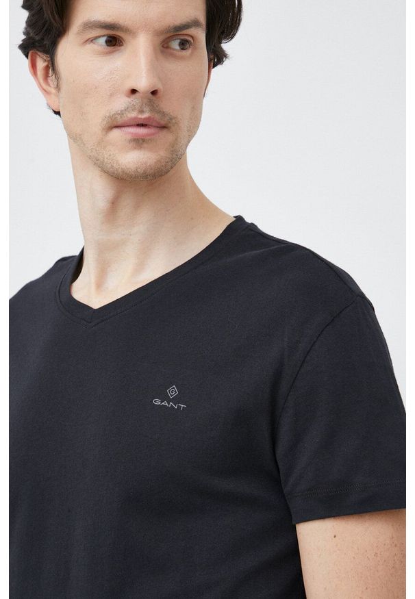 GANT - Gant t-shirt bawełniany kolor czarny gładki. Kolor: czarny. Materiał: bawełna. Wzór: gładki