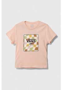 Vans t-shirt bawełniany dziecięcy CHECKER BOX CREW VN000795BQL1 kolor pomarańczowy. Kolor: pomarańczowy. Materiał: bawełna. Długość rękawa: krótki rękaw. Długość: krótkie. Wzór: nadruk. Styl: klasyczny #1