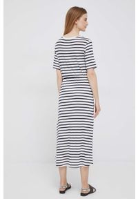 TOMMY HILFIGER - Tommy Hilfiger sukienka kolor beżowy midi prosta. Okazja: na co dzień. Kolor: beżowy. Materiał: materiał. Długość rękawa: krótki rękaw. Typ sukienki: proste. Styl: casual. Długość: midi #6