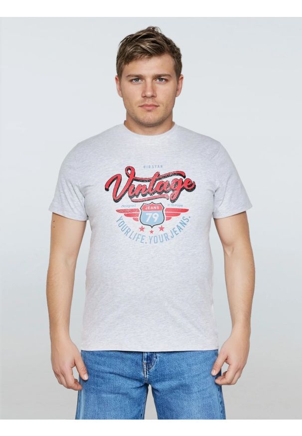 Big-Star - Koszulka męska z nadrukiem szara Merret 901. Okazja: na co dzień. Kolor: szary. Materiał: dzianina, jeans, skóra, bawełna. Wzór: nadruk. Sezon: lato. Styl: casual, vintage, klasyczny