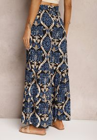 Renee - Czarno-Niebieskie Spodnie z Wiskozy z Szerokimi Nogawkami High Waist Wykończone Gumką w Talii Risettasmi. Stan: podwyższony. Kolor: czarny. Materiał: wiskoza. Sezon: lato #5