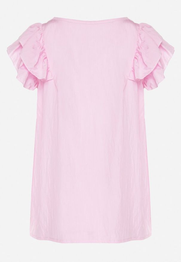 Born2be - Jasnoróżowa Bluzka z Wiskozą Ozdobiona Falbankami Divestra. Okazja: na co dzień. Typ kołnierza: kołnierz z falbankami. Kolor: różowy. Materiał: wiskoza. Wzór: aplikacja. Sezon: lato. Styl: elegancki, casual