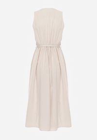 Renee - Beżowa Rozkloszowana Sukienka z Bawełną i Wiskozą Ozdobiona Paskiem Amalis. Kolor: beżowy. Materiał: wiskoza, bawełna. Wzór: aplikacja. Typ sukienki: rozkloszowane. Styl: elegancki #6