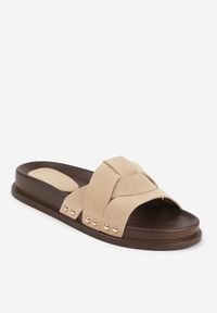 Renee - Beżowe Klapki z Przekładanymi Paskami i Ozdobnymi Nitami Talysha. Okazja: na co dzień, na imprezę. Kolor: beżowy. Materiał: skóra, koronka. Sezon: lato. Styl: casual, elegancki #4