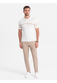 Ombre Clothing - Męskie spodnie o klasycznym kroju w delikatną kratę - piaskowe V2 - Rozmiar: XL. Materiał: poliester, wiskoza, materiał. Styl: klasyczny